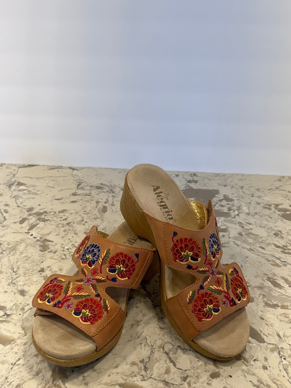 Alegria Linn Cognac Multi Embroidered Leather Wedge Sandals 39